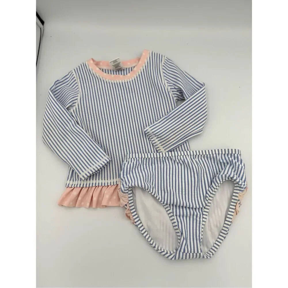 RuffleButts Toddler Girls Periwinkle Seersucker Long Sleeve Rash Guard Bikini Si